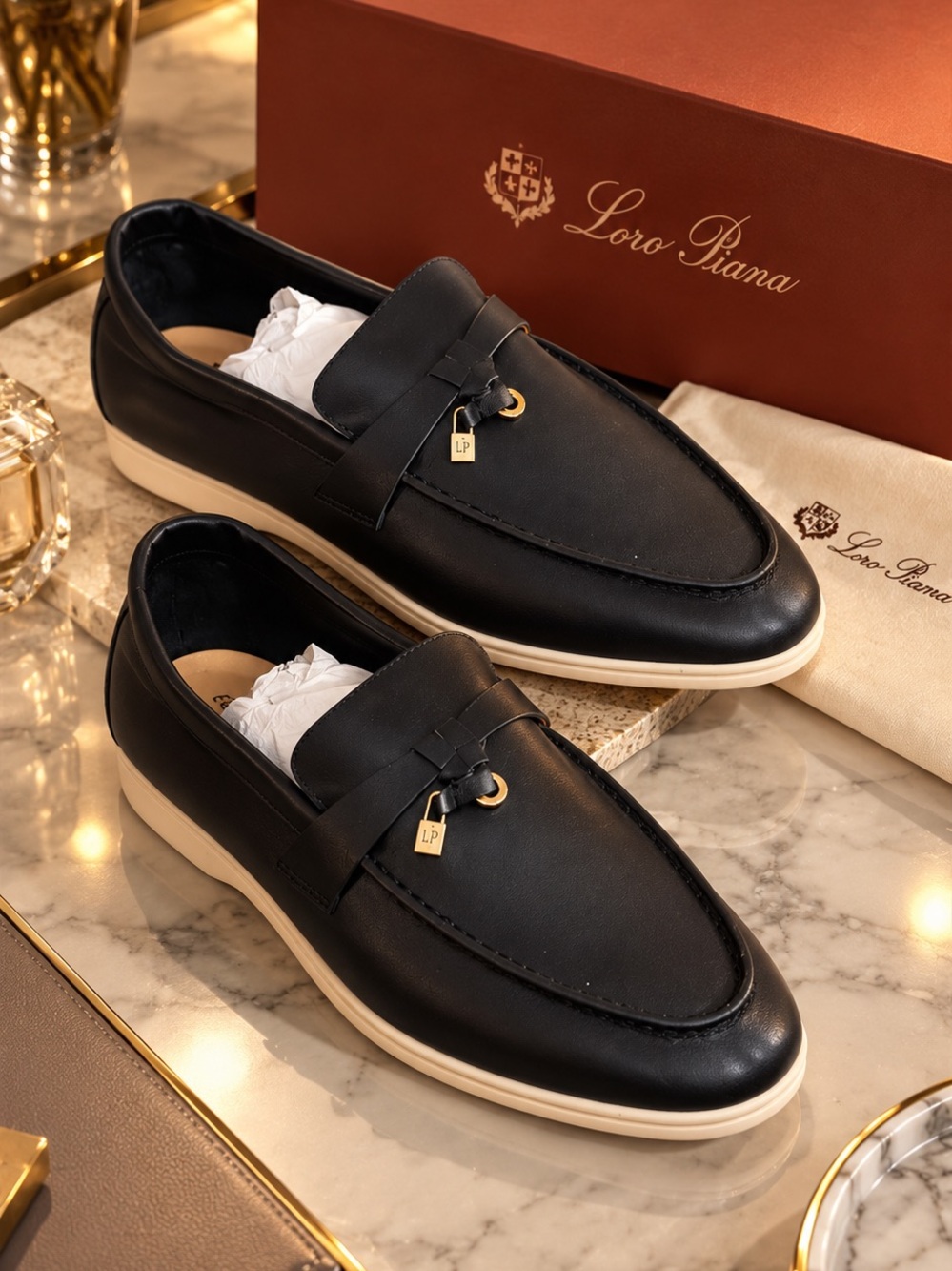 Loro Piana Black Leather Loafers with Cream Sole and Gold Accent